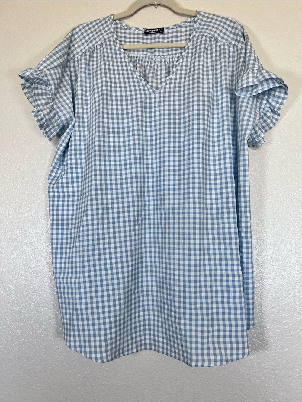 Blue Gingham V-Neck Ruffle Sleeve Top, Size 2X
